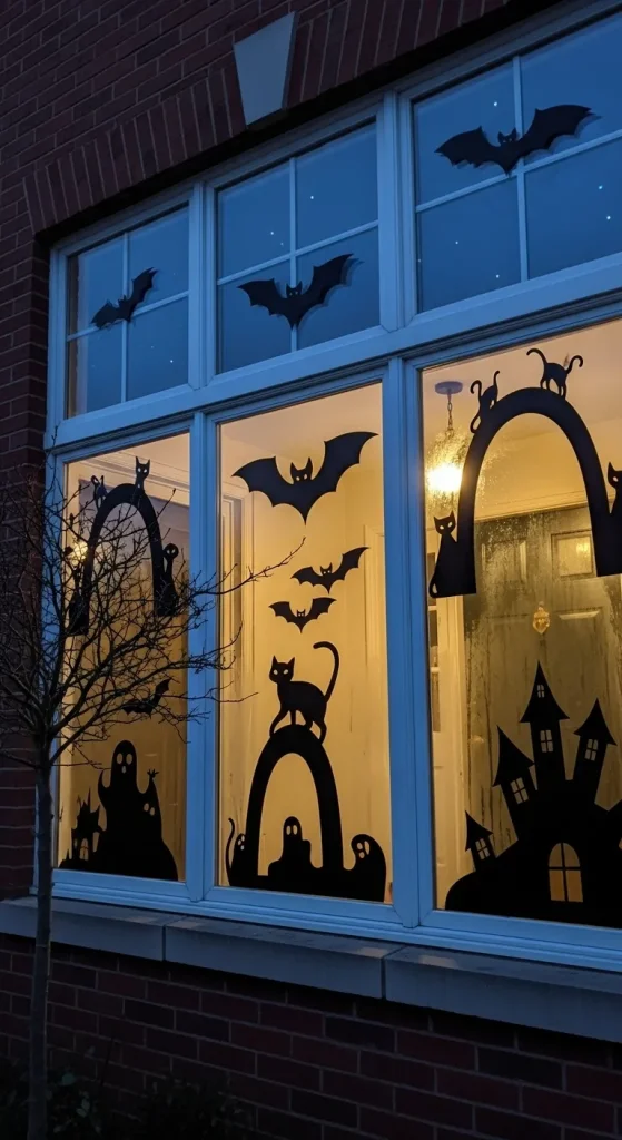 DIY paper bat and cat silhouettes taped to windows for Halloween outdoor decor.