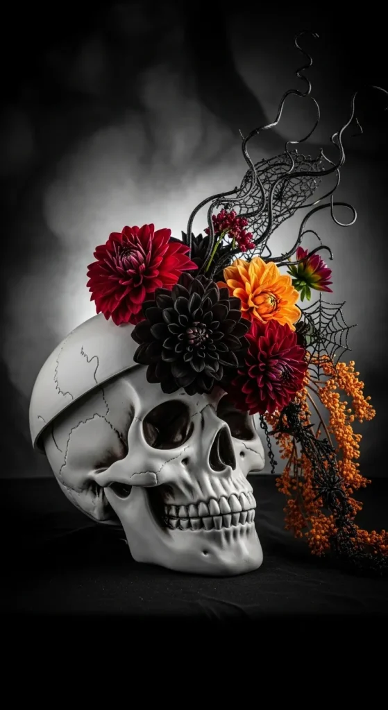DIY skull vases filled with black roses and red flowers as Halloween kitchen table centerpieces.
