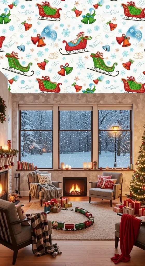 Festive wallpaper with sleigh bells and snowflakes, capturing the joyful, spirited feeling of a winter wonderland