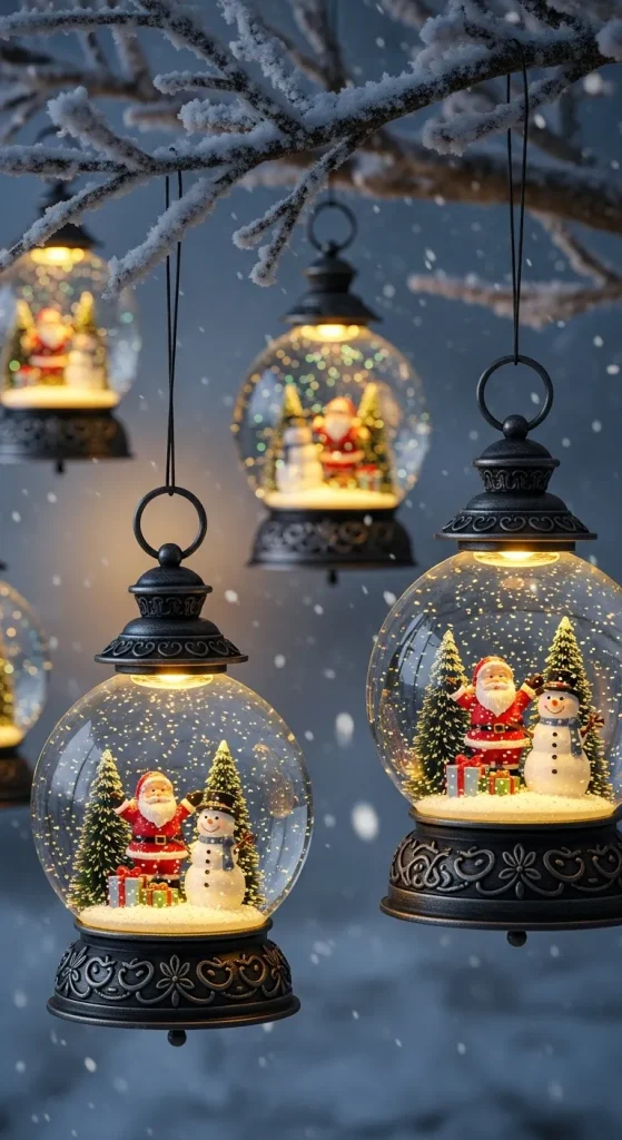 Magical snow globe lanterns with Santa and snowman scenes swirling with glitter
