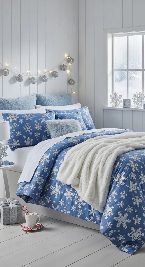 “Snowflake-patterned blue and silver Christmas bedding in a cozy winter bedroom.”
