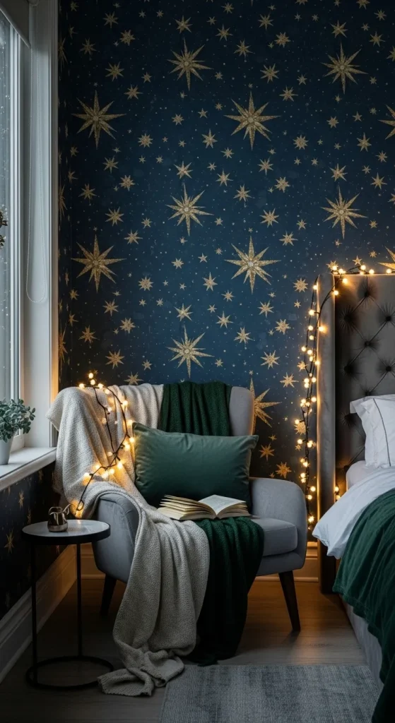 Starry Christmas wallpaper with gold and silver stars on deep blue background, creating a magical winter night effect