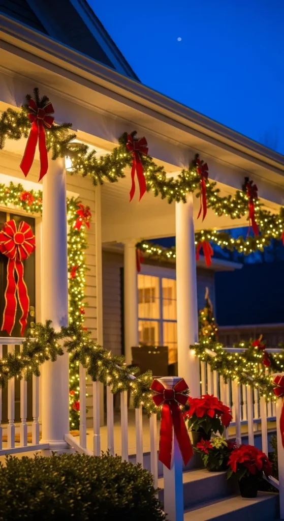Christmas porch railings wrapped with lights and garlands for festive outdoor décor.