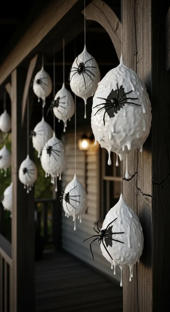 DIY spider egg sacs made with web material and plastic spiders for outdoor Halloween decor.