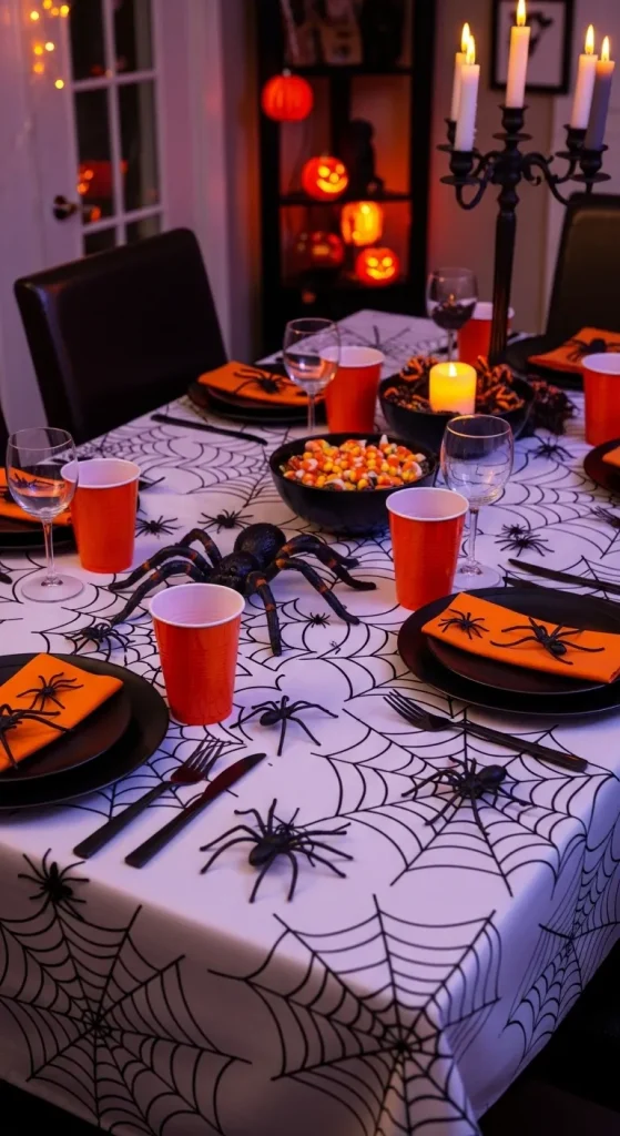 Halloween dining table with spider web tablecloth and spooky accents