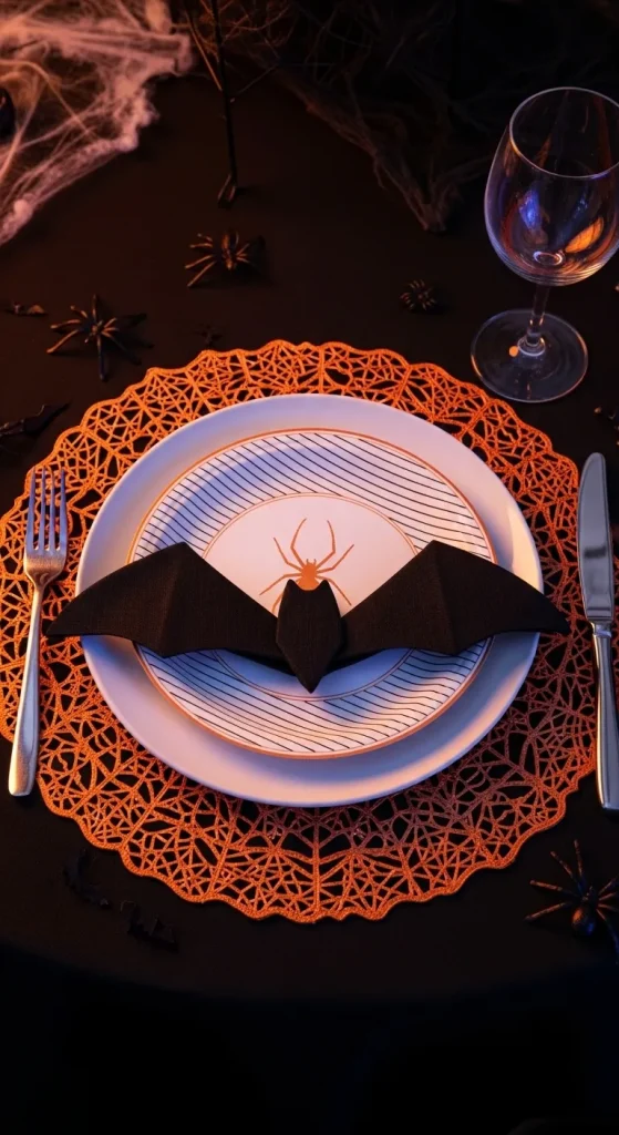 Halloween table setting with spiderweb placemats, black plates, and orange napkins for a spooky dinner display.