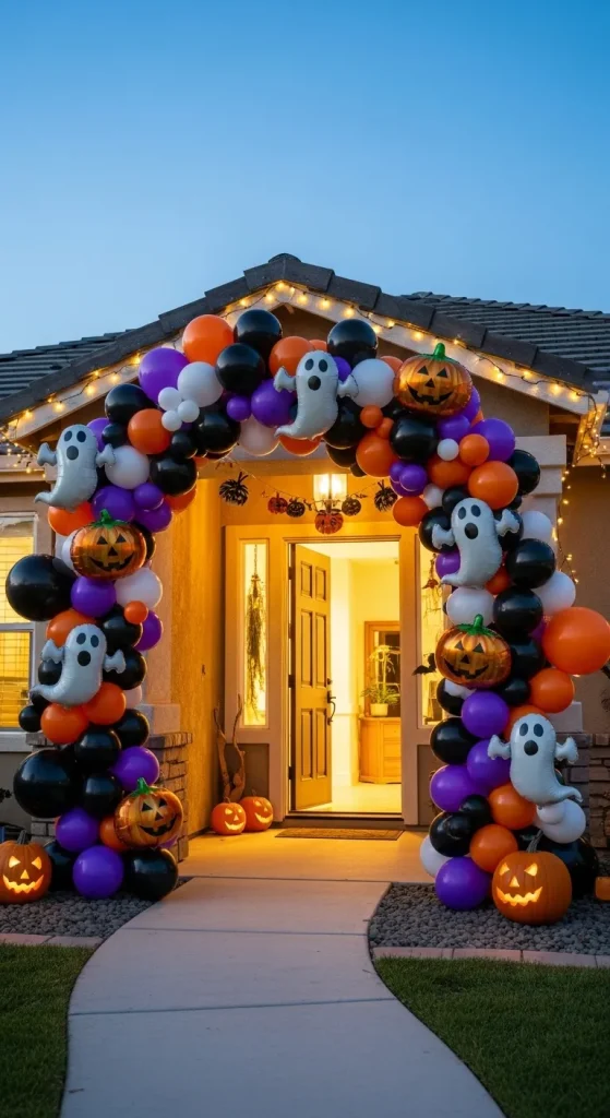 “Halloween balloon arch with black and orange balloons and ghost accents.”
