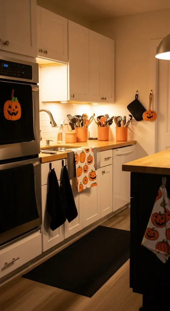 Modern kitchen with Halloween-themed towels, orange decor, and cozy fall accents for a festive makeover