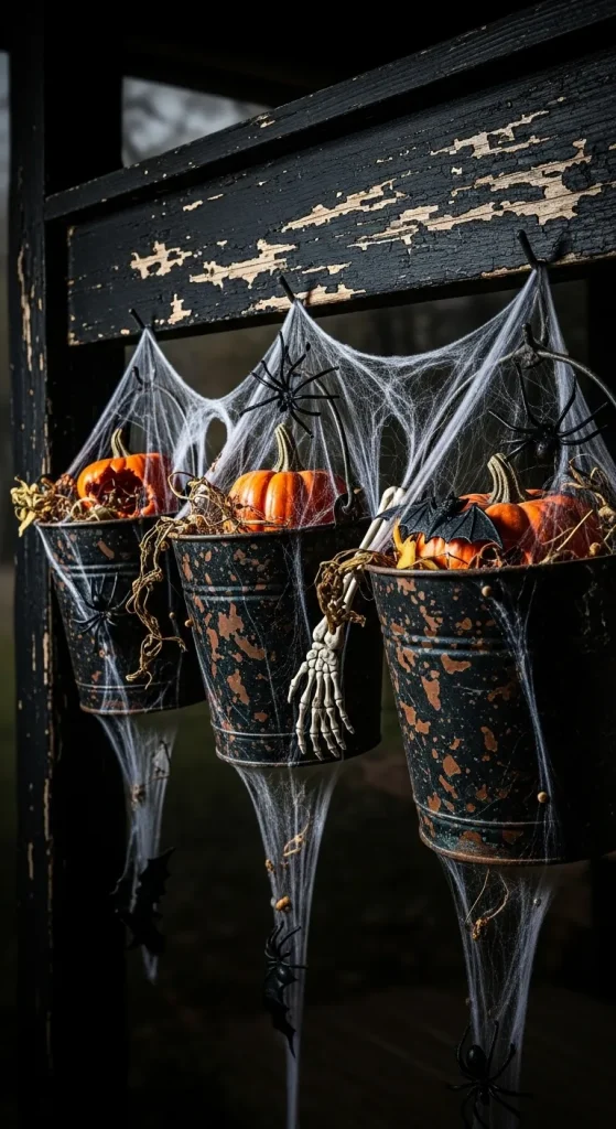 Spooky painted buckets with cobwebs and pumpkins hanging from a Halloween-themed porch.