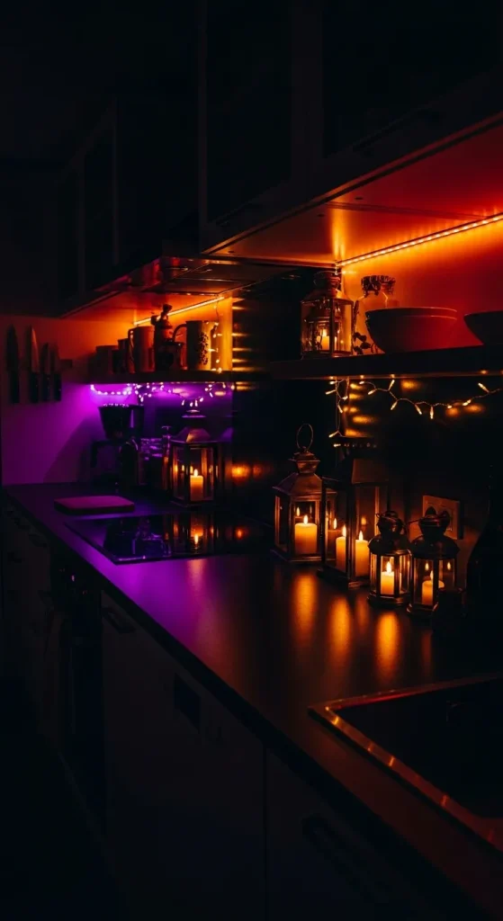 Halloween kitchen lighting with orange and purple bulbs, candles, and fairy lights for cozy atmosphere.