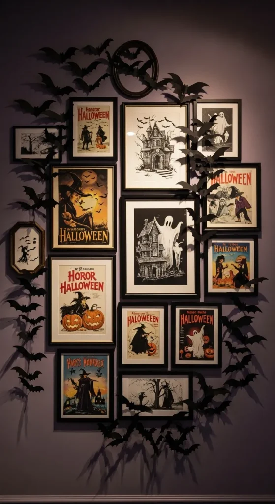 Halloween spooky wall art with bats and vintage posters.