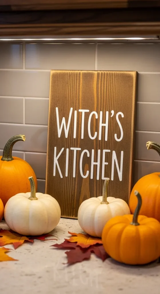 Halloween kitchen signs on cabinets with spooky sayings.