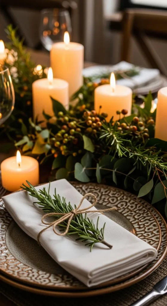 Thanksgiving place setting with twine-tied napkin and rosemary sprig for natural fragrance.”