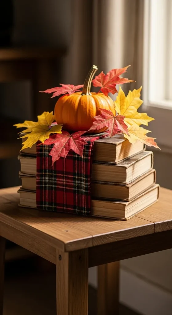 Stacked Book Display with Plaid