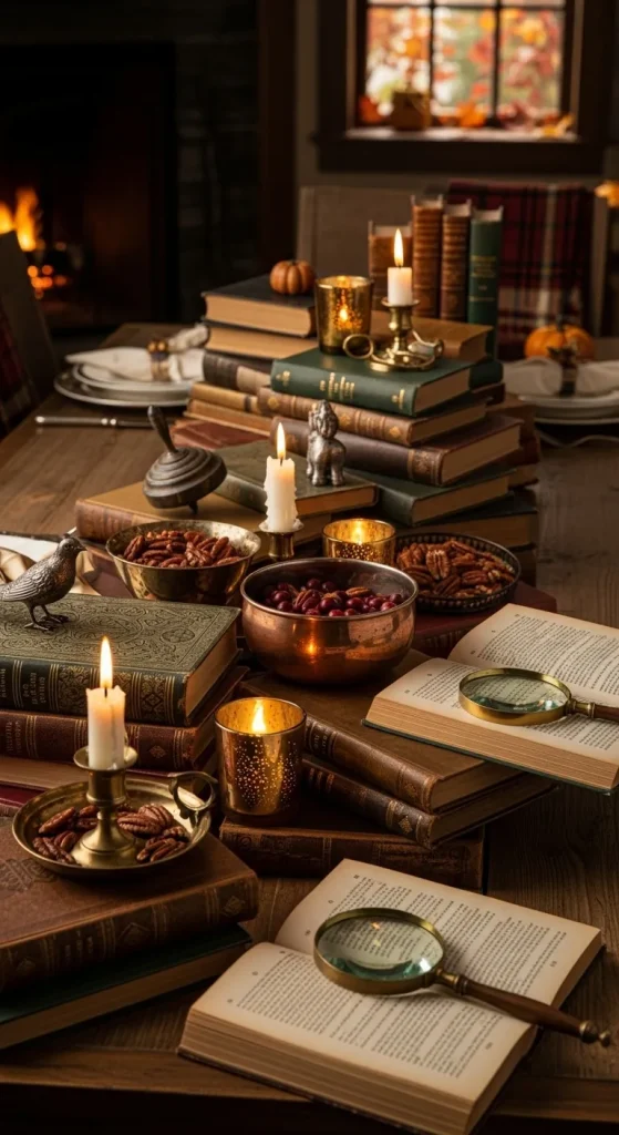 10 Creative Thanksgiving Table Runner Ideas to Make Your Feast Sparkle! 10 Stacked Books & Vintage Finds (Eclectic & Unique)