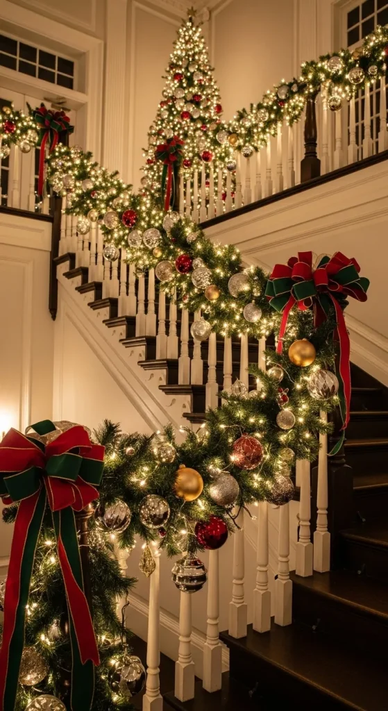 Christmas staircase decorated with fairy lights and festive garland sparkle.