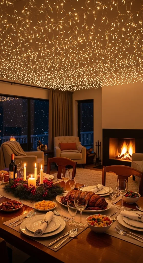 Ceiling decorated with star-like Christmas lights creating cozy starlit effect.
