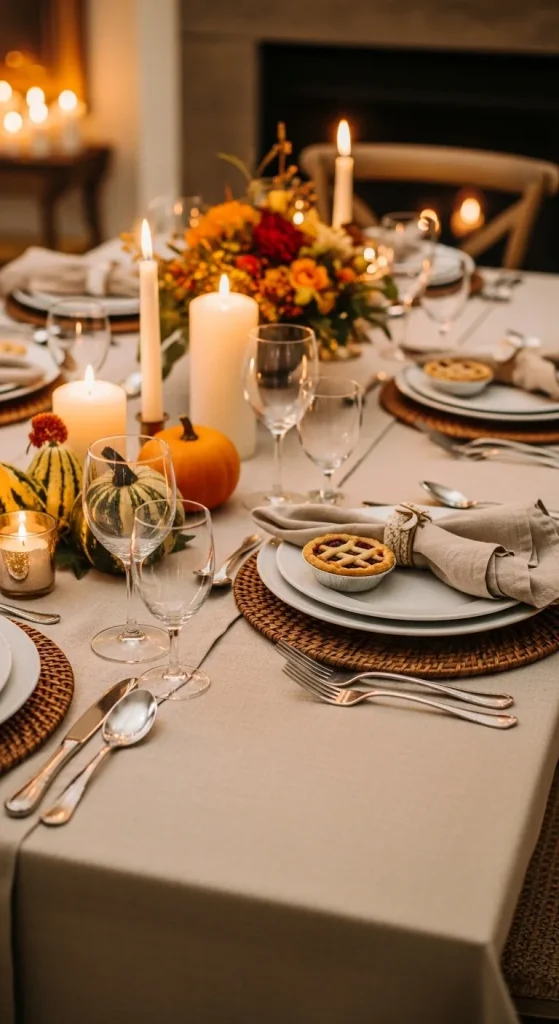 “Layered Thanksgiving table setting with chargers, placemats, and candles creating depth and cozy texture.”