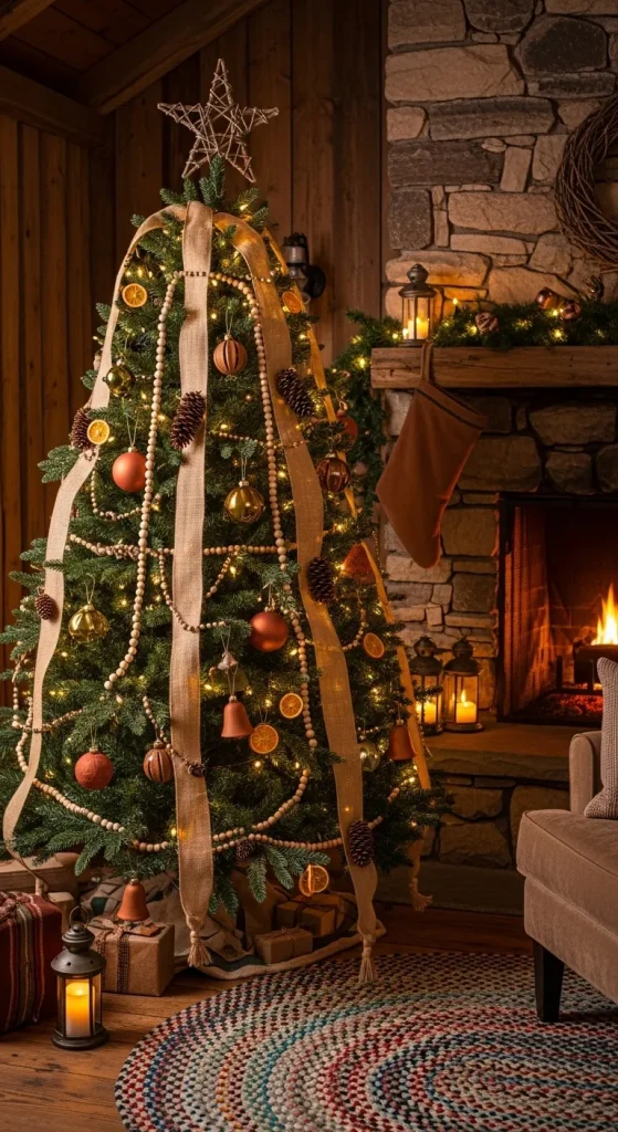 Sustainable earthy Christmas tree with natural textures and rustic decor in warm terracotta and olive tones.