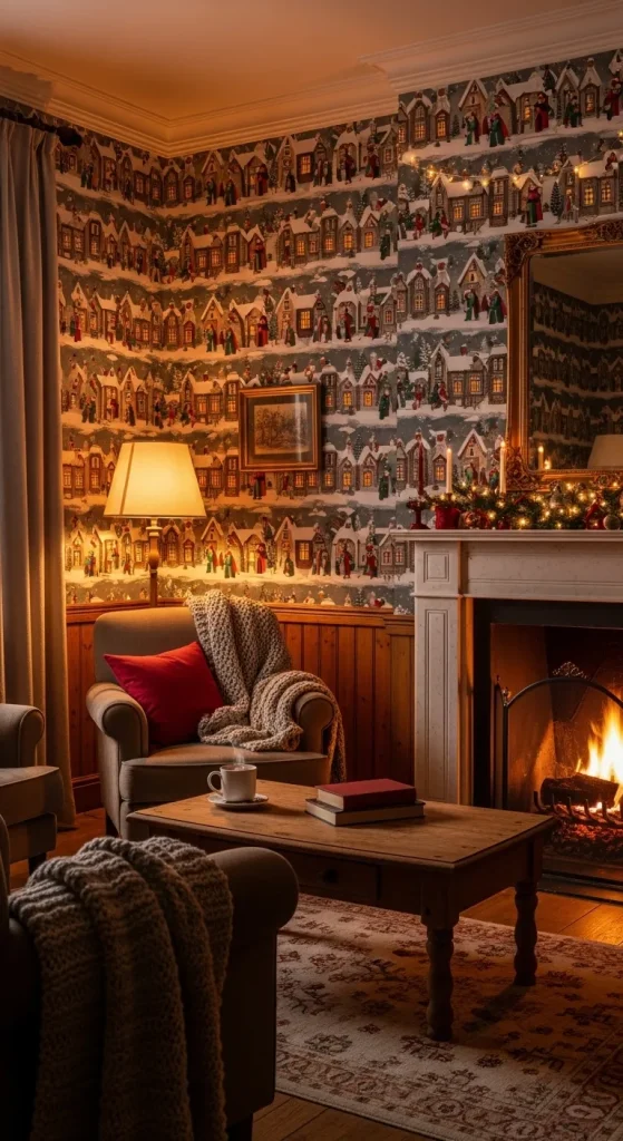 Charming Christmas wallpaper with snowy village scenes, cozy houses, and glowing lights for a nostalgic holiday feel
