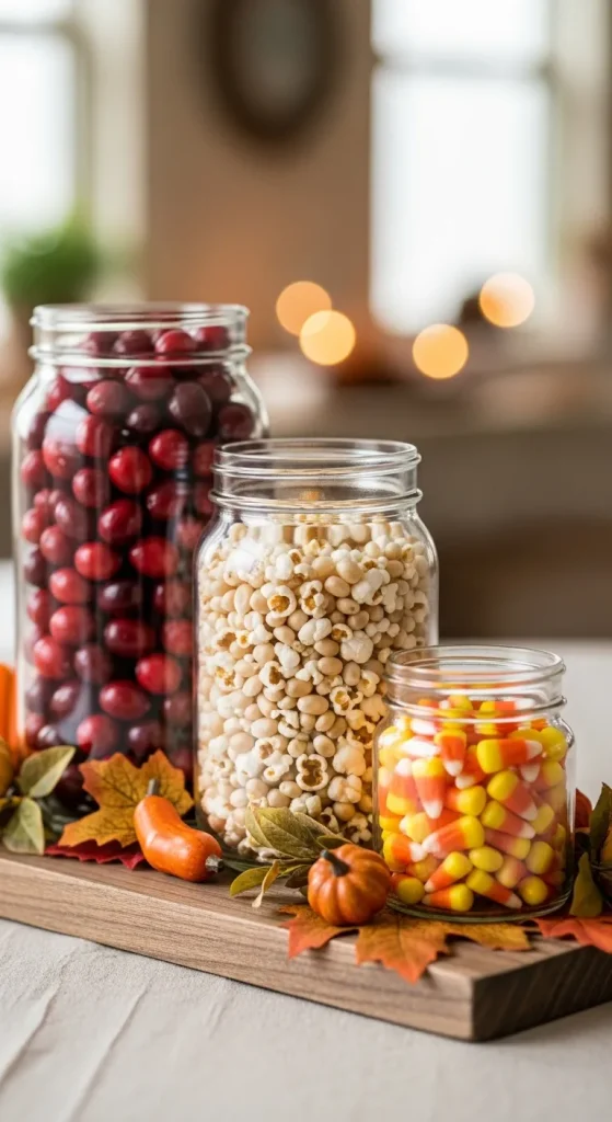 Thanksgiving table centerpiece decorated with cranberries and candy for a festive edible look.”
