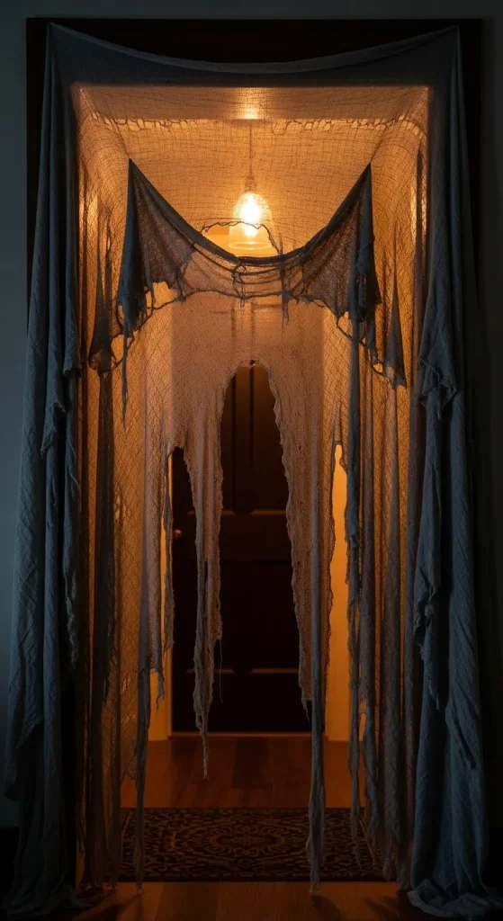 Tattered cheesecloth drapes hanging in doorway for haunted Halloween effect.