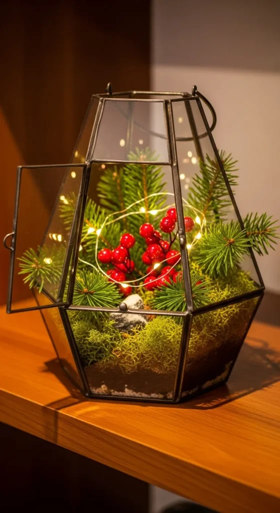 Terrarium lantern filled with pine, moss, and berries glowing with Christmas lights