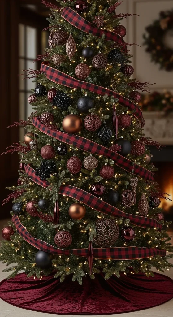 Burgundy Christmas tree with bronze accents and plaid ribbon for a bold, sophisticated 2025 holiday theme.