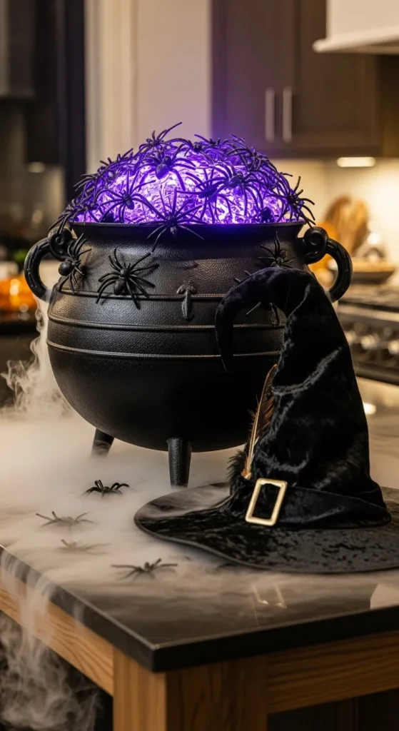 Large black cauldron filled with candy, candles, and fog effect as a Halloween kitchen centerpiece.