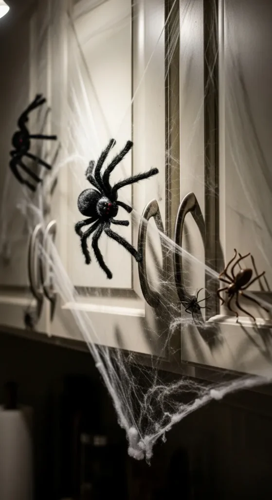 Kitchen cabinets draped with spiderwebs and spiders for Halloween.