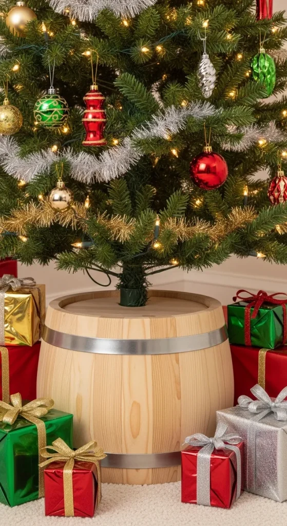 Streamlined Christmas tree collar made of natural wood, providing a tidy and modern base for the decorations.