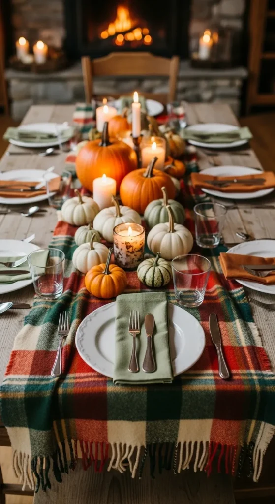 10 Creative Thanksgiving Table Runner Ideas to Make Your Feast Sparkle! 3 The Cozy Flannel & Plaid Look (Rustic Farmhouse Vibe!)