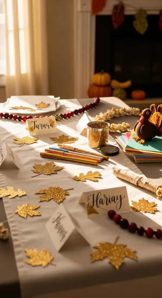 10 Creative Thanksgiving Table Runner Ideas to Make Your Feast Sparkle! 8 The Golden Leaf & Glitter Glue Look (DIY Sparkle Craft!)