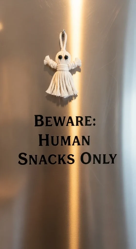 Halloween fridge decor with spooky vinyl lettering and a small macrame ghost magnet charm.