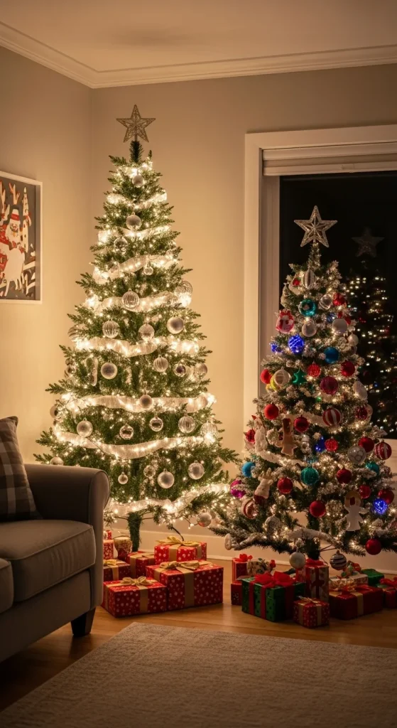 Dual Christmas tree setup with elegant designer decor and a playful family tree for a balanced festive home.