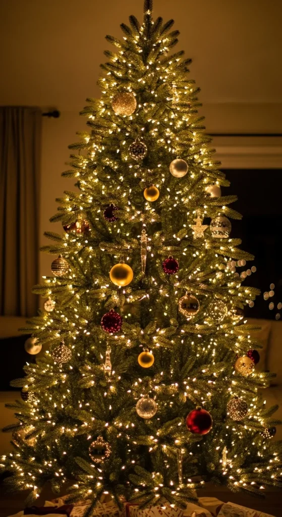Professional lighting technique on a Christmas tree showing lights woven deep into the fluffed branches for a warm, glowing depth.