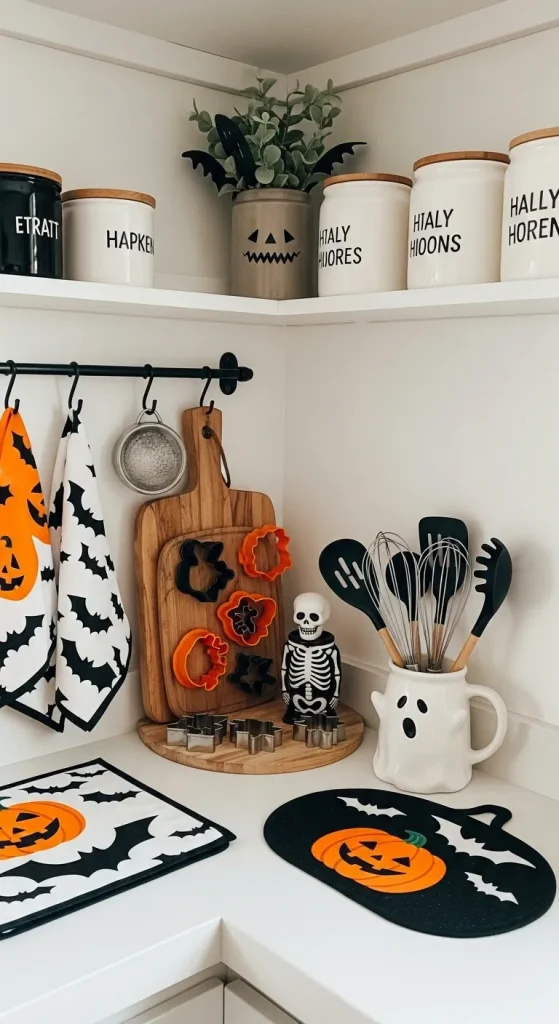 Halloween-themed baking corner with cookie cutters, utensils, and towels decorated with pumpkins and bats.