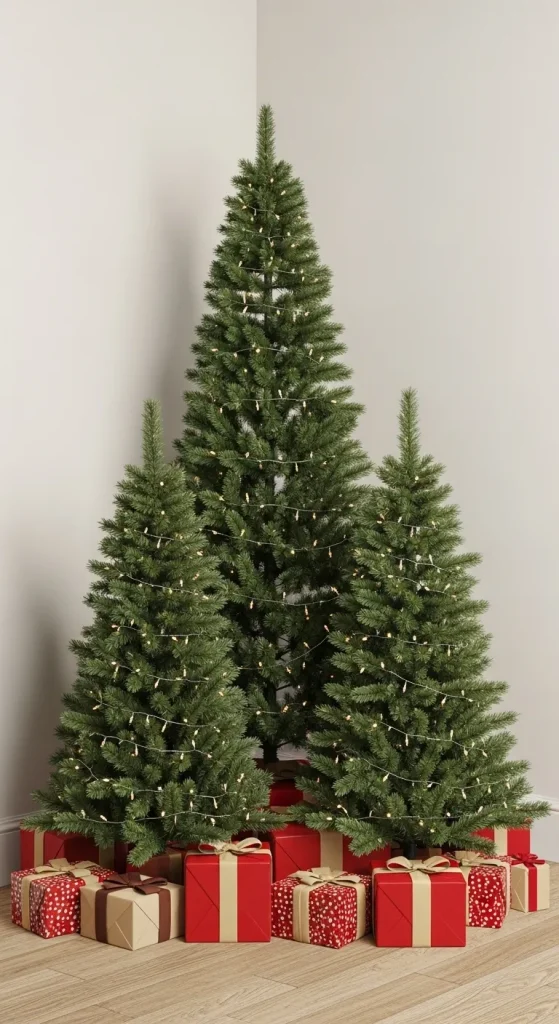 Dynamic triple threat cluster of three varying-height Christmas trees grouped to create a mini-forest effect.