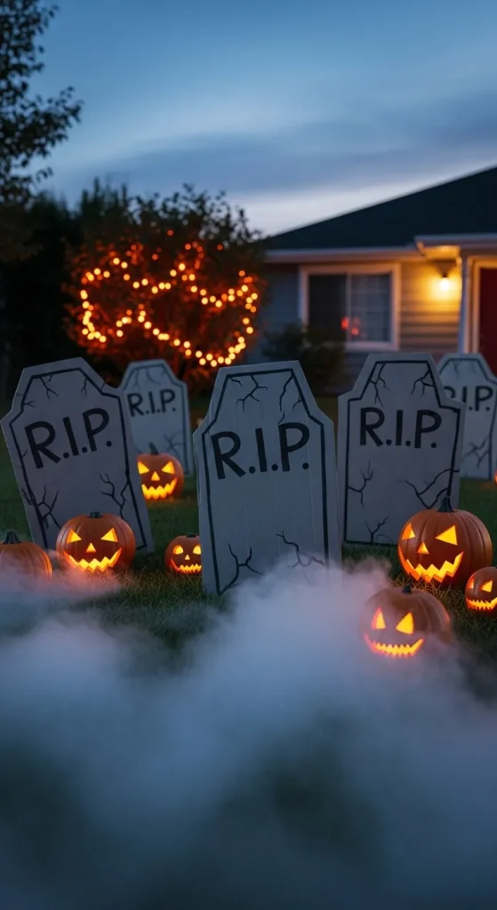 DIY foam tombstones with funny names arranged in a spooky Halloween yard display.