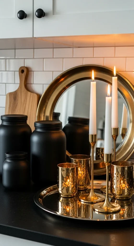 Halloween kitchen decor with black jars and gold metallic accents creating elegant spooky style.