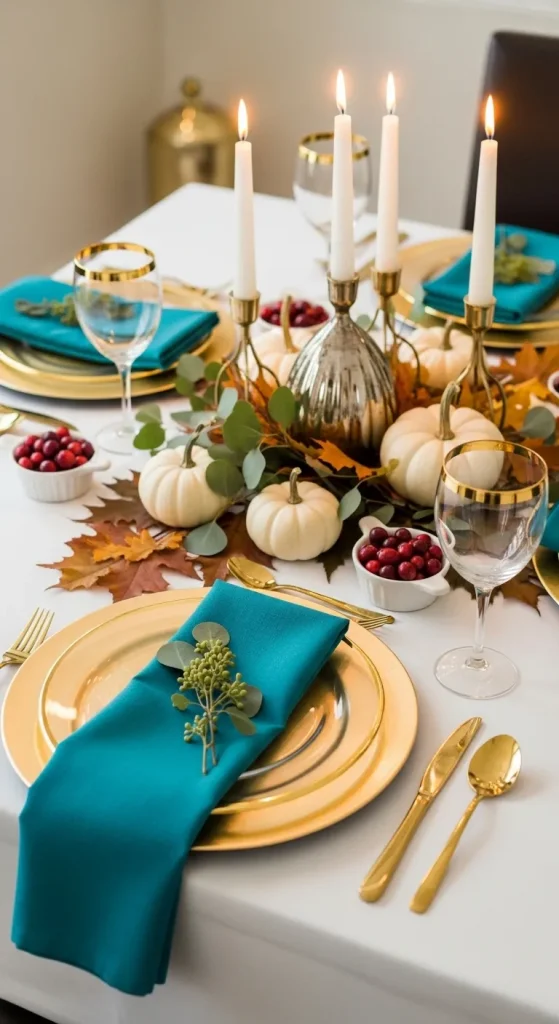 “Modern Thanksgiving table decor with teal napkins and colorful pumpkins adding vibrant contrast.”