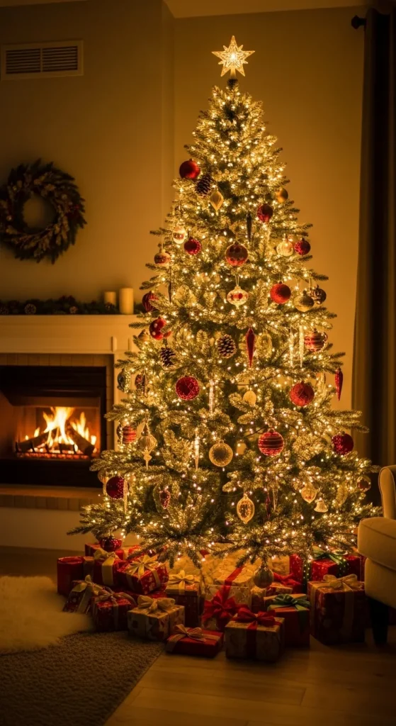 Christmas tree with warm twinkling lights and ornaments glowing beside a cozy fireplace.