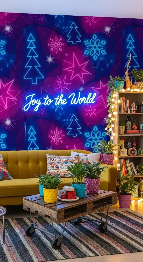 Modern Christmas wallpaper featuring bright bold colors and fun patterns for a fresh, unique holiday home look