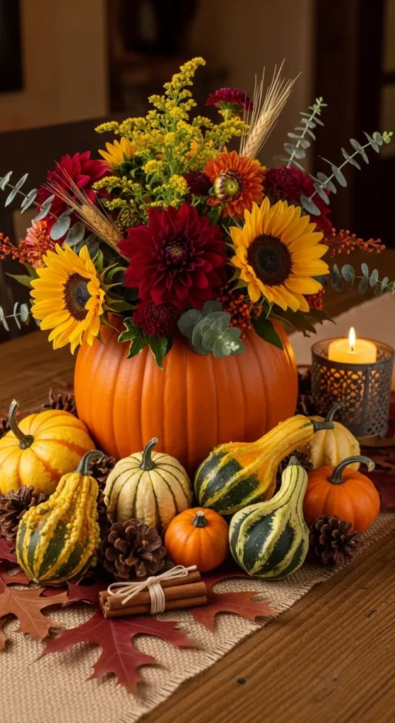 Pumpkin and gourd centerpiece used creatively for a beautiful Thanksgiving table decor.