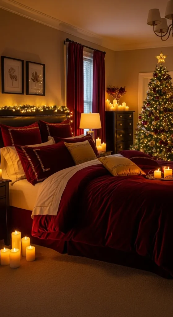 “Burgundy velvet bedding with gold accents in a romantic Christmas bedroom for couples.”