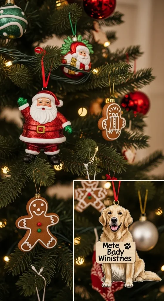 Vintage heirloom sentimental Christmas tree decorations, highlighting a special personalized pet ornament among classic pieces.