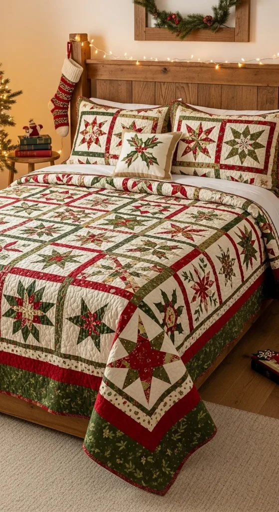 Vintage Christmas quilt bedding with holly and star prints in a cozy nostalgic bedroom.