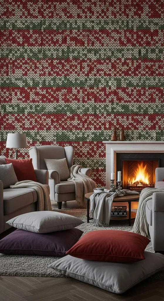 Cozy Christmas wallpaper designed like a knitted sweater pattern, adding warmth and texture to holiday living spaces