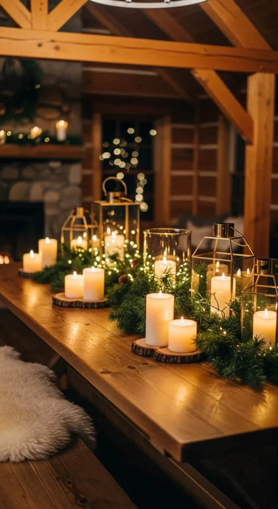 Rustic wooden and glass Christmas lanterns glowing on a farmhouse table with pine garland.