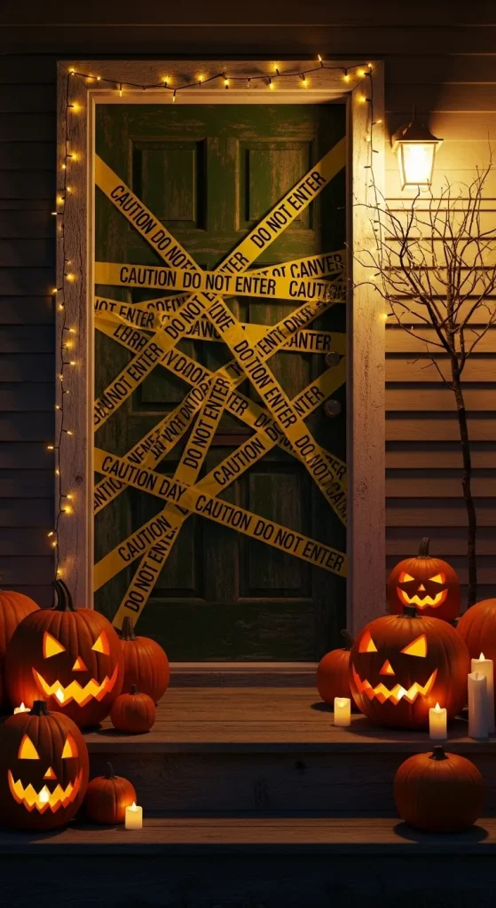 Front porch decorated with yellow caution tape and pumpkins for Halloween party entrance decor.